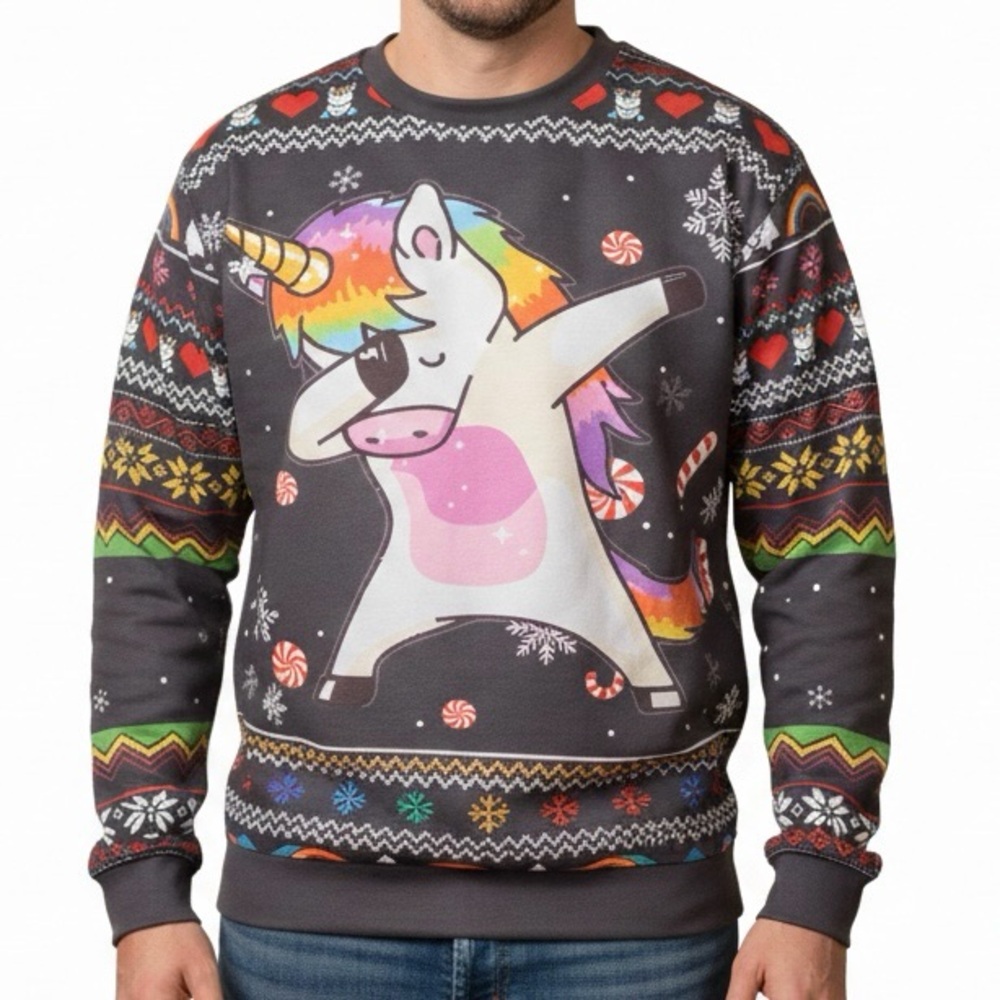 Dabbing Unicorn Ugly Christmas Sweater XL Gray Holiday Party Graphic Sweatshirt